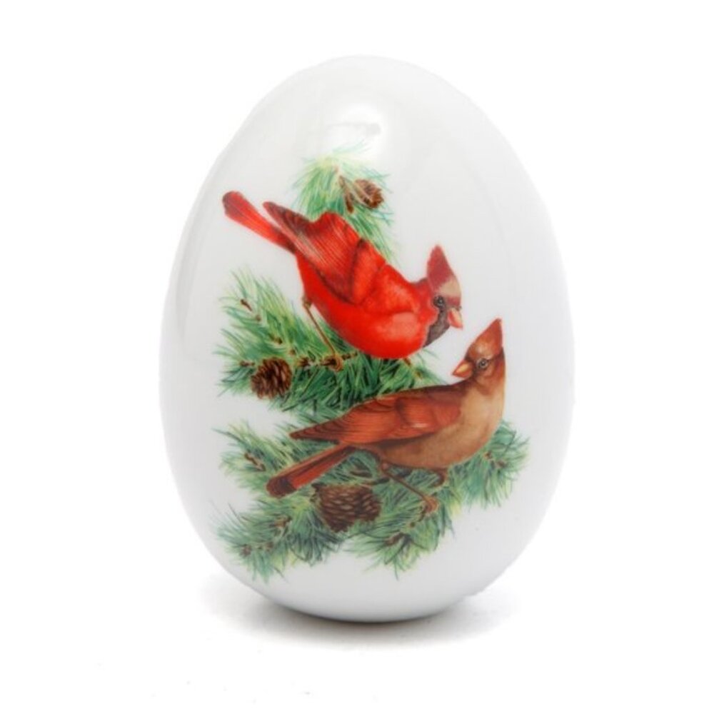 Vintage AVON Porcelain Collectors Egg Cardinal Bird Winter Scene Evergreen Decor